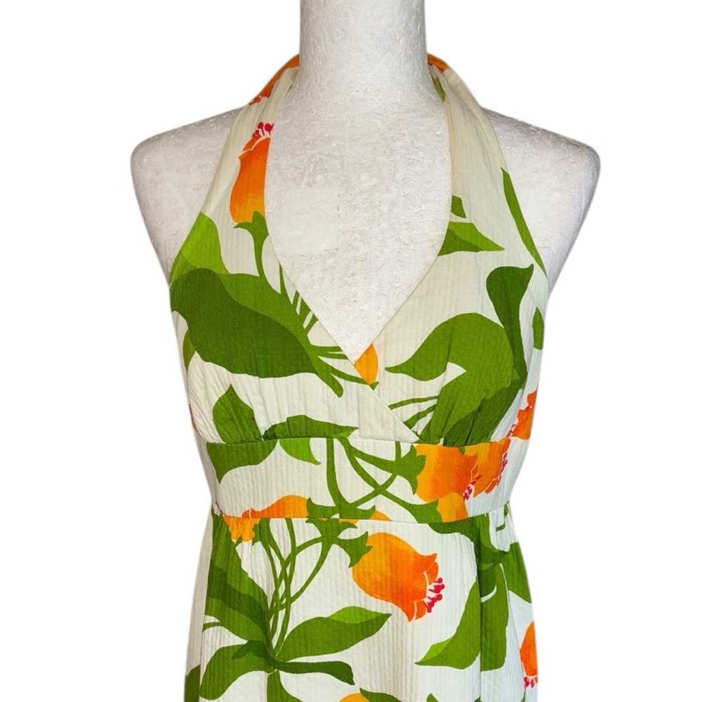 Vintage Malia Honolulu 1960s 70s Orange Green Floral Halter Neck Maxi Dress - S - Picture 3 of 12